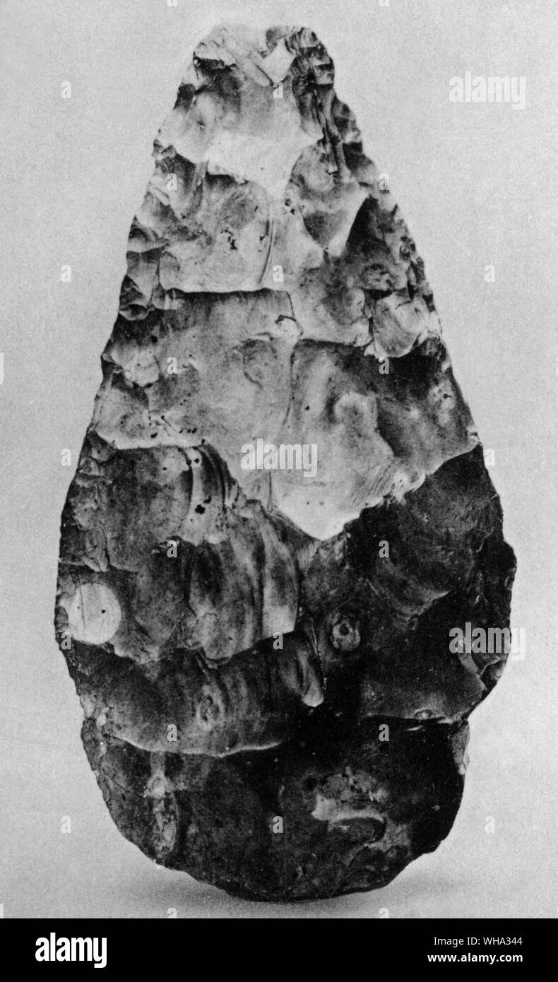 Fossilen Menschen. Unteren paläolithikum Faustkeil aus Feuerstein, von Kies, 100 ft, Terrasse von Thames, Maidenhead. Ca. 8 Zoll in der Höhe. Stockfoto