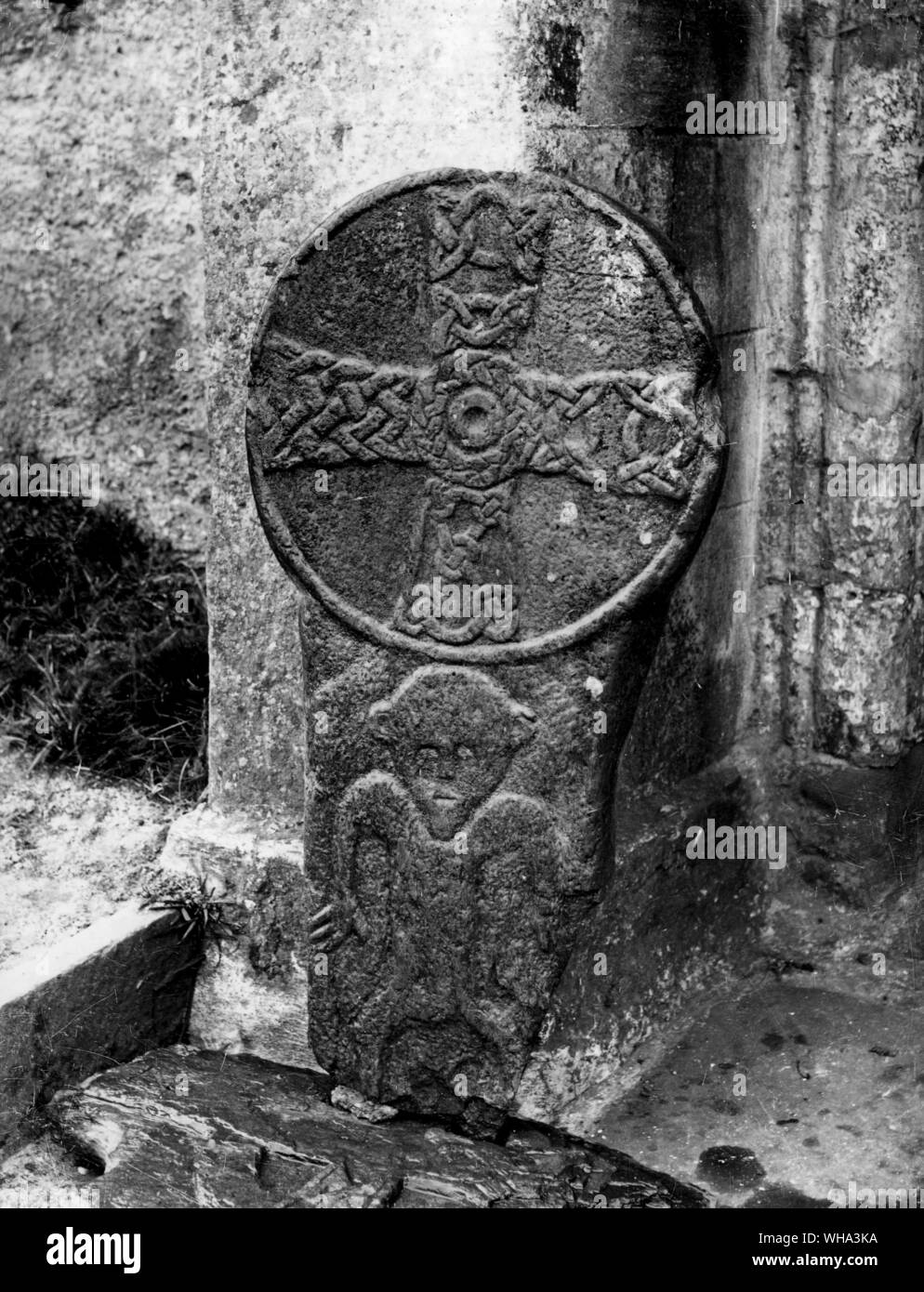 Christliches symbol Stein. Kreuz. Rad - vorangegangen Platte aus Keeill Chiggyrt, Ballasayle. Stockfoto