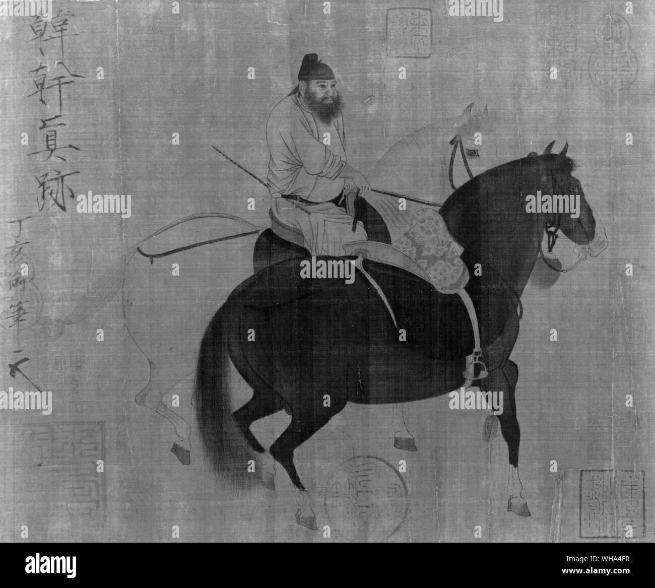 Han Kan. Tang Maler 618-906. Han-Kan lebte in Chang-an, die Hauptstadt der Tang-dynastie (618-907). Er malte buddhistischen und taoistischen Wandmalereien wurde aber vor allem bekannt für seine großen Kompositionen von Pferd Gemälde, die die ritterlichen Geist seiner Zeit dargestellt. Er gilt als einer der größten klassischen chinesischen Meister Künstler tierischen Malerei. Stockfoto