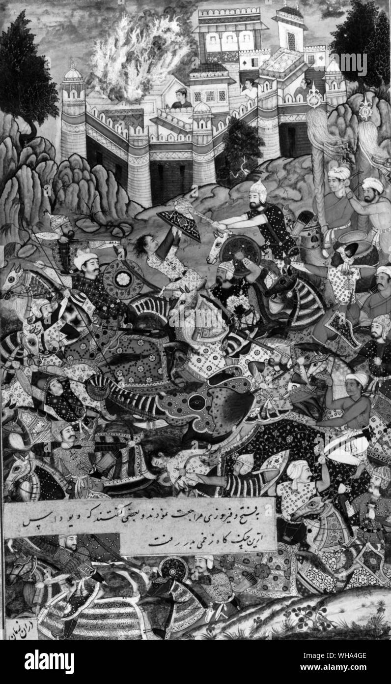 Seite aus der bebilderten Handschrift Kopie des Akbarnamah. Moghul Ende des 16. Jahrhunderts Stockfoto