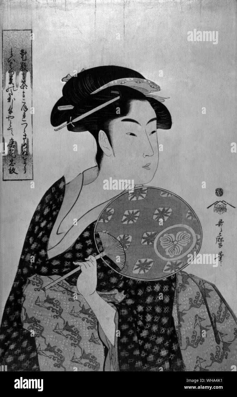 Utamaro Kitagawa ist als die dominierende Ukiyo-e Künstler des späten achtzehnten Jahrhunderts geschätzt. Noch ist wenig über sein Leben bekannt. Weder das genaue Datum der Geburt von Utamaro, sein Geburtsort, noch irgendeine wesentliche Informationen über seine Eltern sind bekannt. 1750-1806. . Das teehaus Kellnerin. Farbholzschnitt 1791-92 Stockfoto