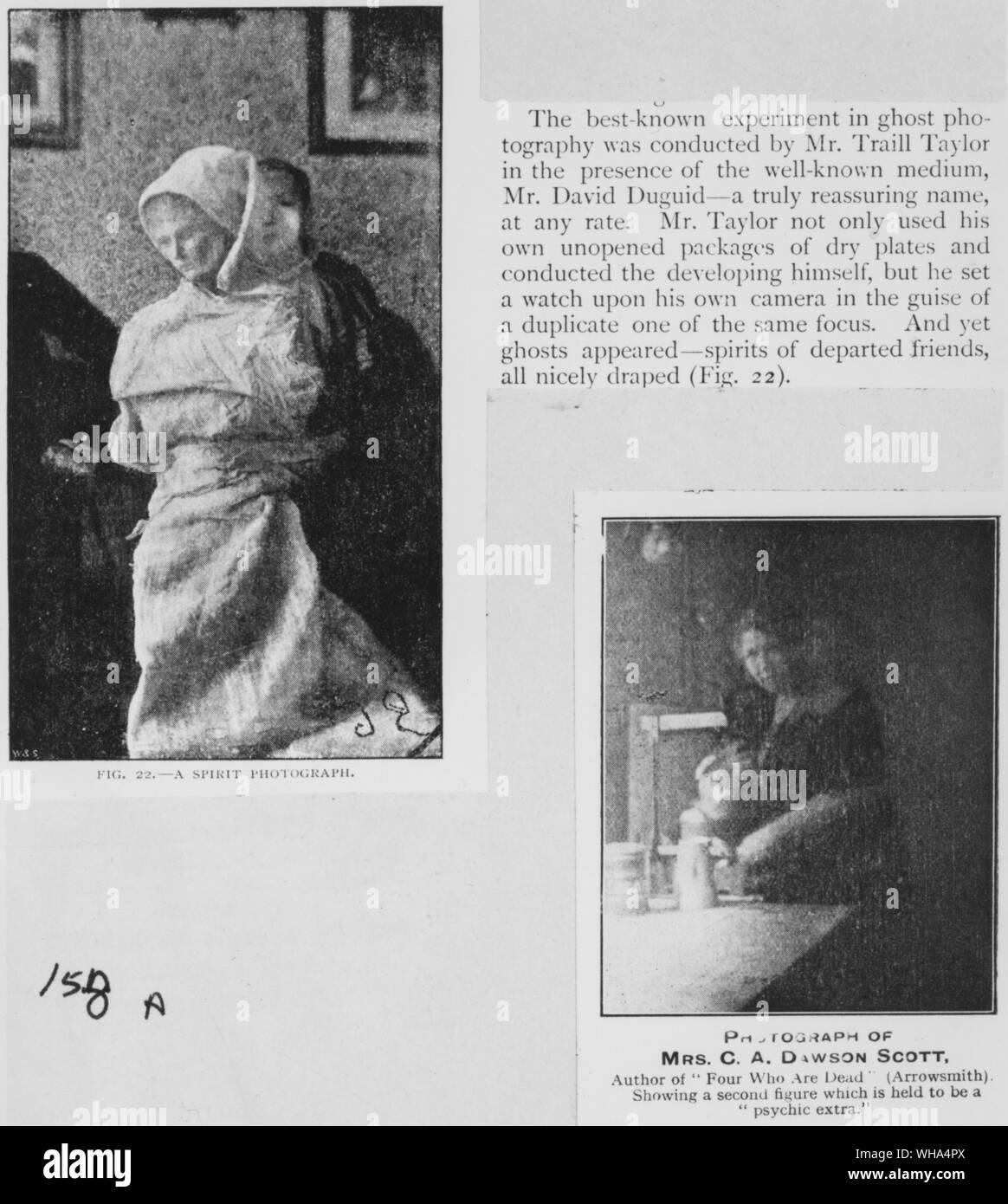 Ghost Fotografie. Die bekannteste Experiment in Ghost Fotografie wurde von Herrn Traill Taylor in Anwesenheit der Berühmte medium Herr David Duguid durchgeführt. Herr Taylor nicht nur seine eigenen ungeöffnete Pakete von trockenen Platten und durchgeführt, die sich selbst entwickeln, aber er eine Uhr auf seine eigene Kamera in Gestalt eines Duplikats des gleichen konzentrieren. Und doch Gespenster, Geister von Verstorbenen Freunde alle schön drapiert.. Foto von Frau C A Dawson Scott Stockfoto