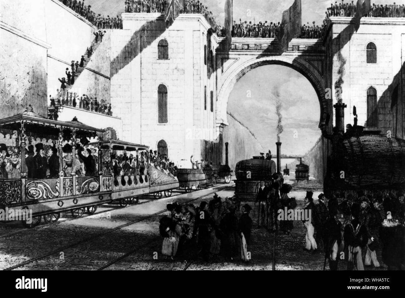 Die Eröffnung der Liverpool and Manchester Railway 15. September 1830. Mit dem Maurischen Arch am Rand Hill, wie es an diesem Tag erschien. Stockfoto