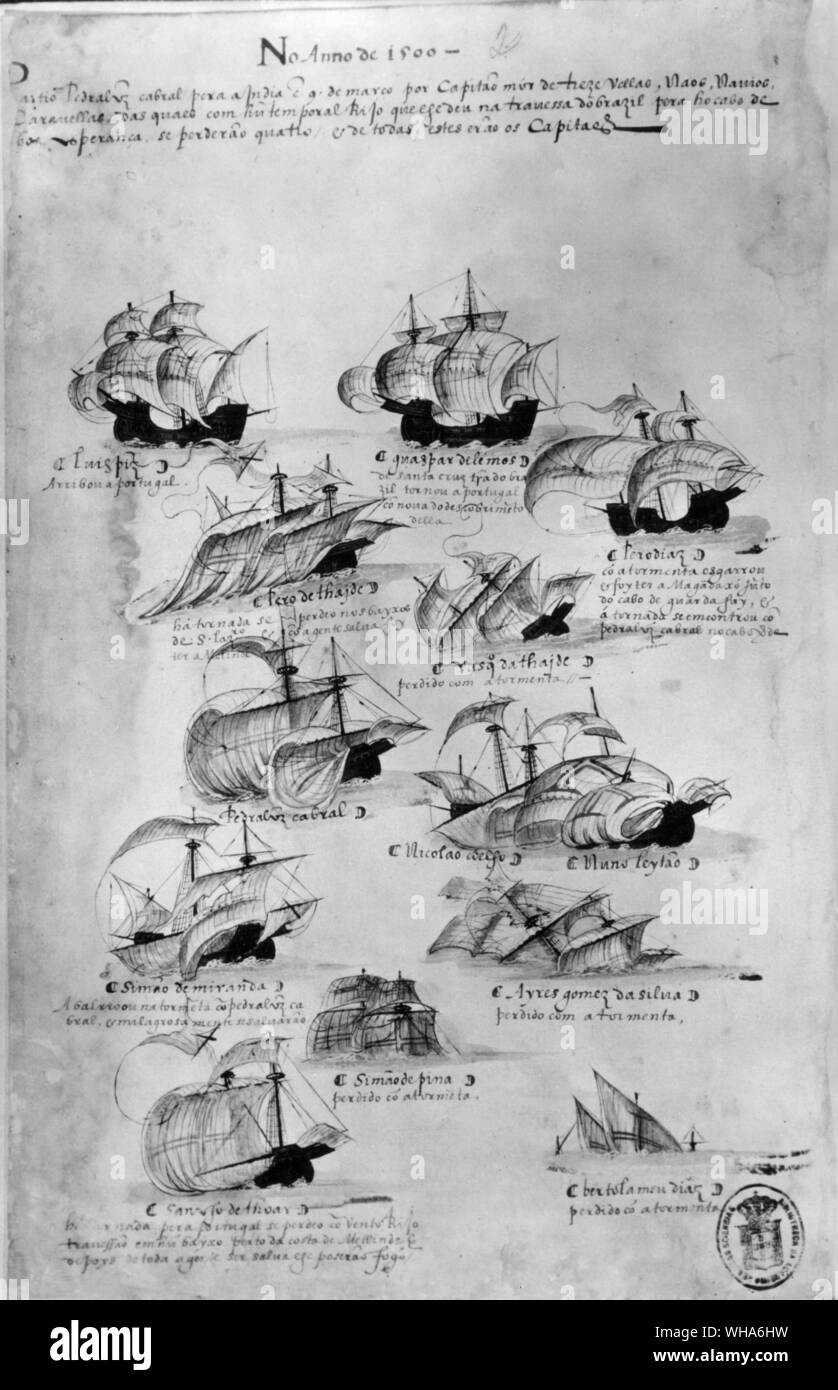 Alvares Cabral's flotte Segeln für Brasilien. 1500. Çlvares Pedro CABRAL (1467-1520) war eine portugiesische Adlige, Explorer, Navigator, war die erste Europäische zu sehen, Brasilien (am 22. April 1500). Die cabral Schirmherr war König Manuel I. von Portugal, die ihn auf eine Expedition nach Indien geschickt. Die cabral 13 Schiffe am 9. März 1500 nach links in die Route von Vasco da Gama. Am 22. April 1500, er gesichtet Land (Brasilien), es behauptet für Portugal und die Namensgebung der Insel des Wahren Kreuzes. . Stockfoto