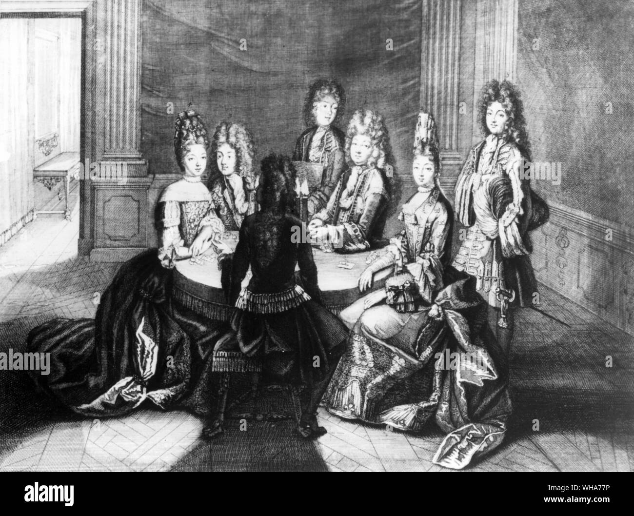 Die Damen spielen: mit Monseigneur die Dowager Princesse Conti, M Le Duc und Mme La Duchesse de Bourbon, und M de Vendome. Kupferstich von einem Trouvain. Stockfoto