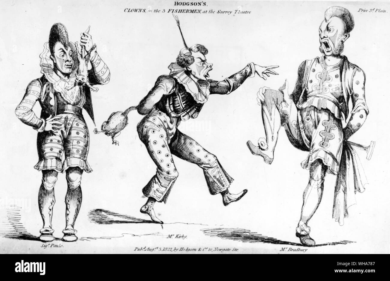 Hodgsons Clowns in der 3 Fischer im Surrey Theater. 1822. Signor Paulo Herr Kirby und Herr Bradbury Stockfoto