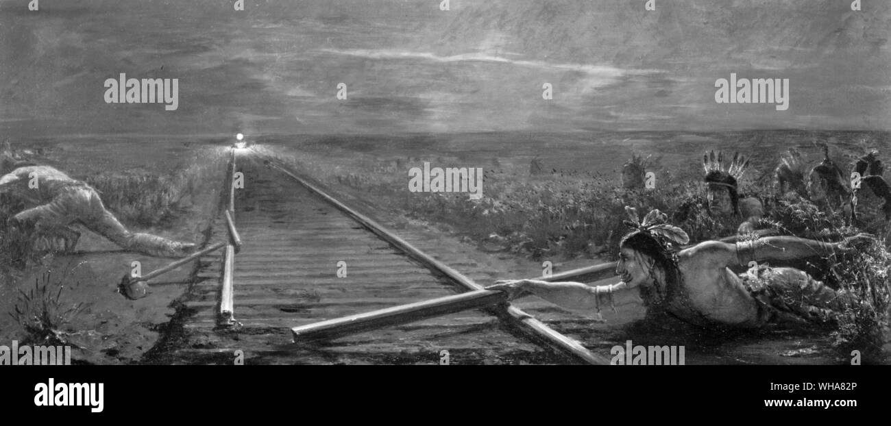 Thoodore Kauffman. Eisenbahn Zug angegriffen von Indianern. . . Stockfoto