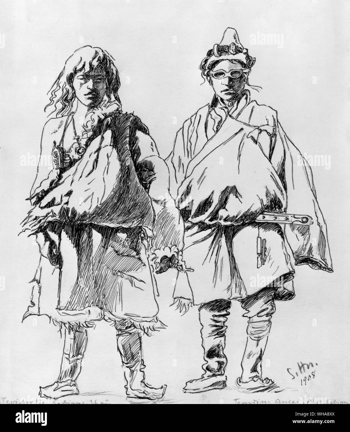 Zwei Tibeter aus einem Lager in Tibet 1908. Zeichnung von Sven Hedin Stockfoto