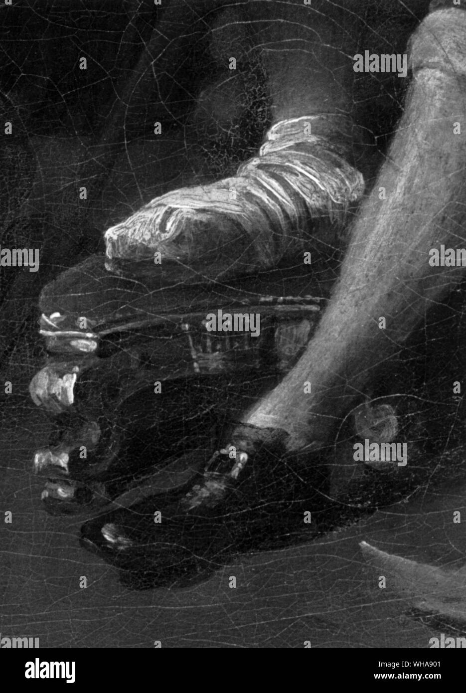 Von Hogarth's "Die Ehe" von der Ehe a la Mode Detail. . Zeigt eine Gicht Hocker, auf dem der Graf, der Vater des Mädchens, seine gouty Fuß gesetzt hat. Stockfoto