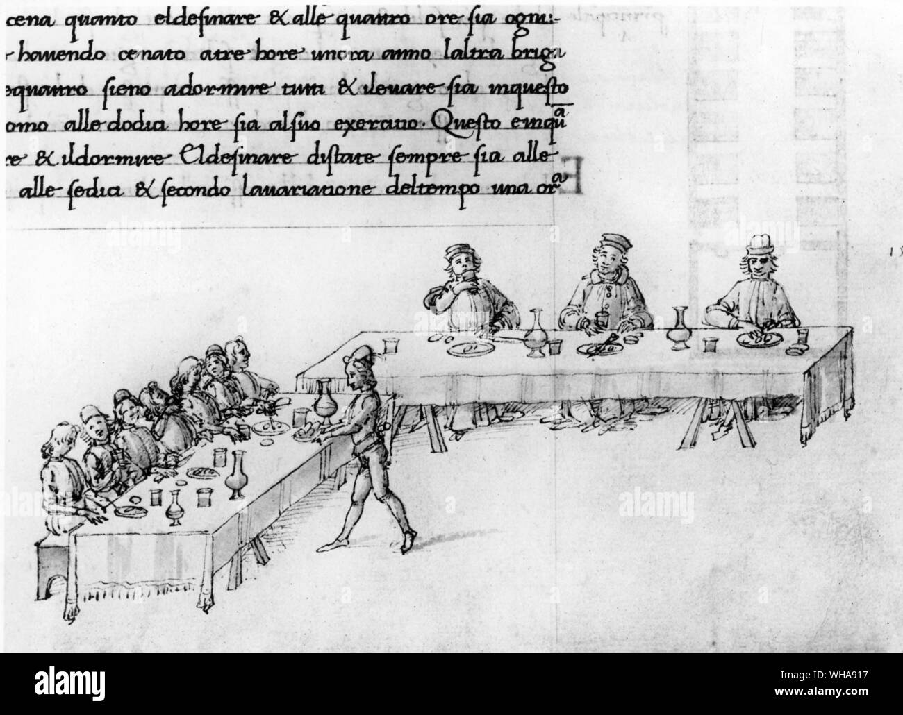 Eine Zeichnung, die Meister und Wissenschaftler am Tisch von Antonio Filanete c 1450. Stockfoto