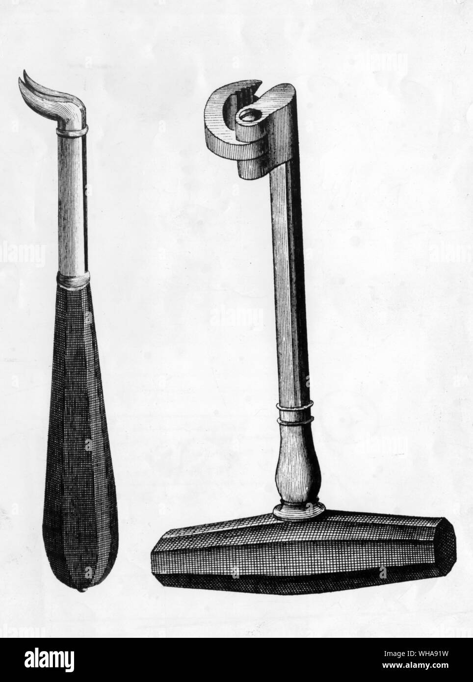 Zahnmedizinische Punch, Ziegen Fuß Aufzug für die baumstümpfe und Wurzeln, und die englische Schlüssel für die Zeichnung Zähne. 1772. Stockfoto