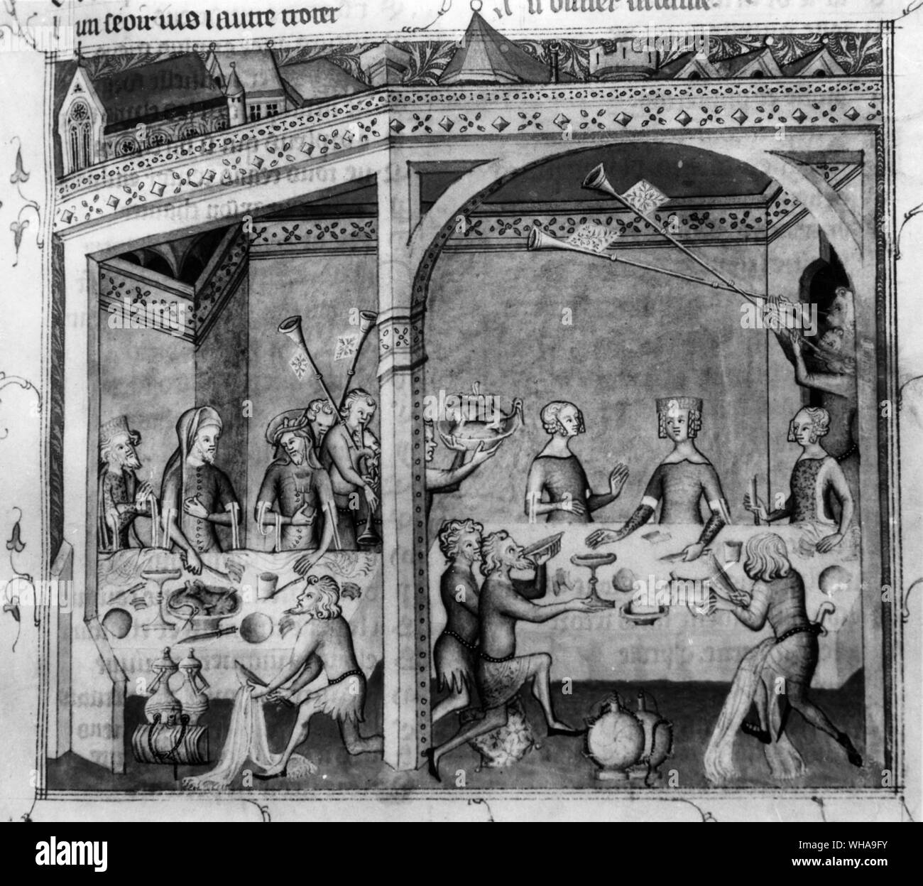 Musiker in ein Fest aus dem 14. Jahrhundert Manuskript von Guillaume de Machault. Stockfoto