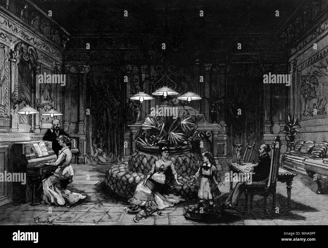 Salon in New York beleuchtet durch elektrische Edisons Lampen. 1882. Stockfoto