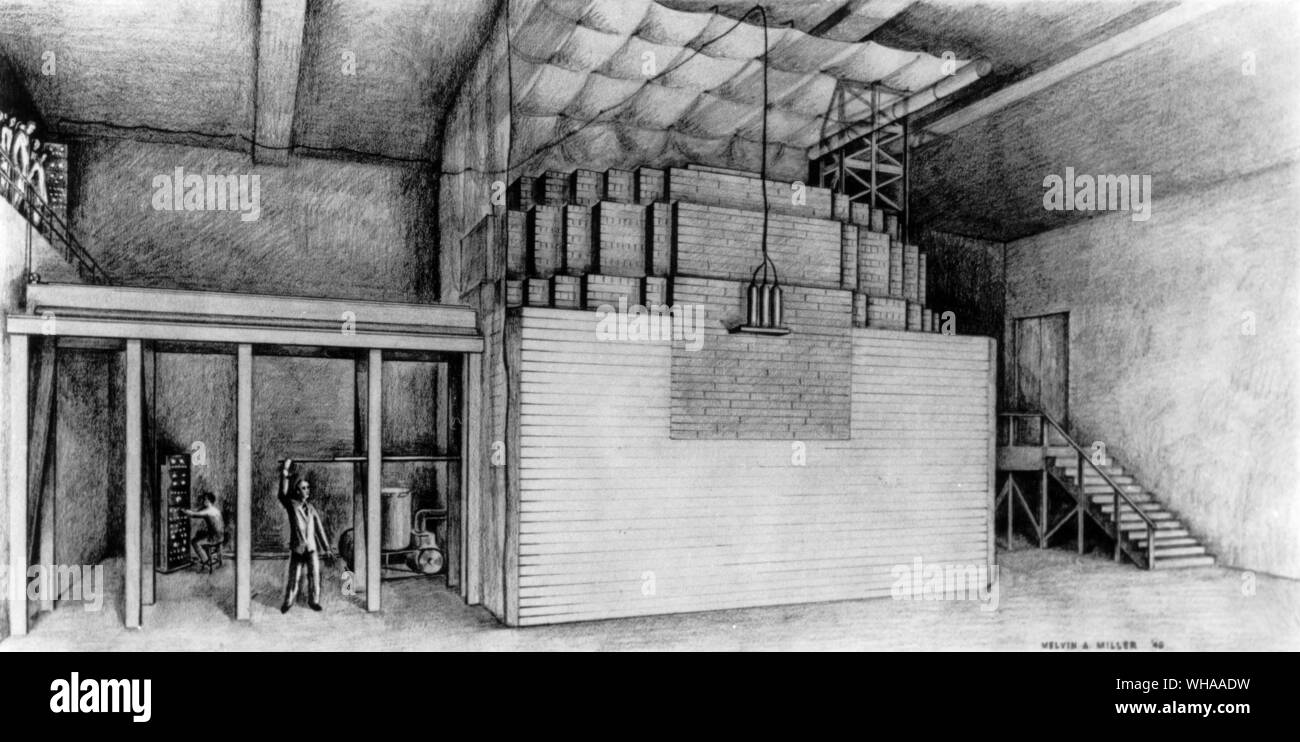 Skizze der Welterste Reaktor. Aufgrund der Geheimhaltung zu Kriegszeiten gibt es keine Fotos der abgeschlossenen Reaktor. Der Reaktor selbst wurde aus Schichten von Graphit durchsetzt mit Uran. Kritikalität, selbst nachhaltig Kettenreaktion, am 2. Dezember 1942, als die 57 Schicht hinzugefügt wurde erreicht wurde. Dies hat zu Beginn der Name für den Reaktor "Stapel" Wegen der Häufung einer Schicht auf der anderen. Die Überwachung der Freisetzung der Kraft des Atoms war ein entscheidender Durchbruch in, was dann ein Rennen eine atomare Waffe zu machen. Der Erfolg wurde sofort nach Washington telefoniert Stockfoto