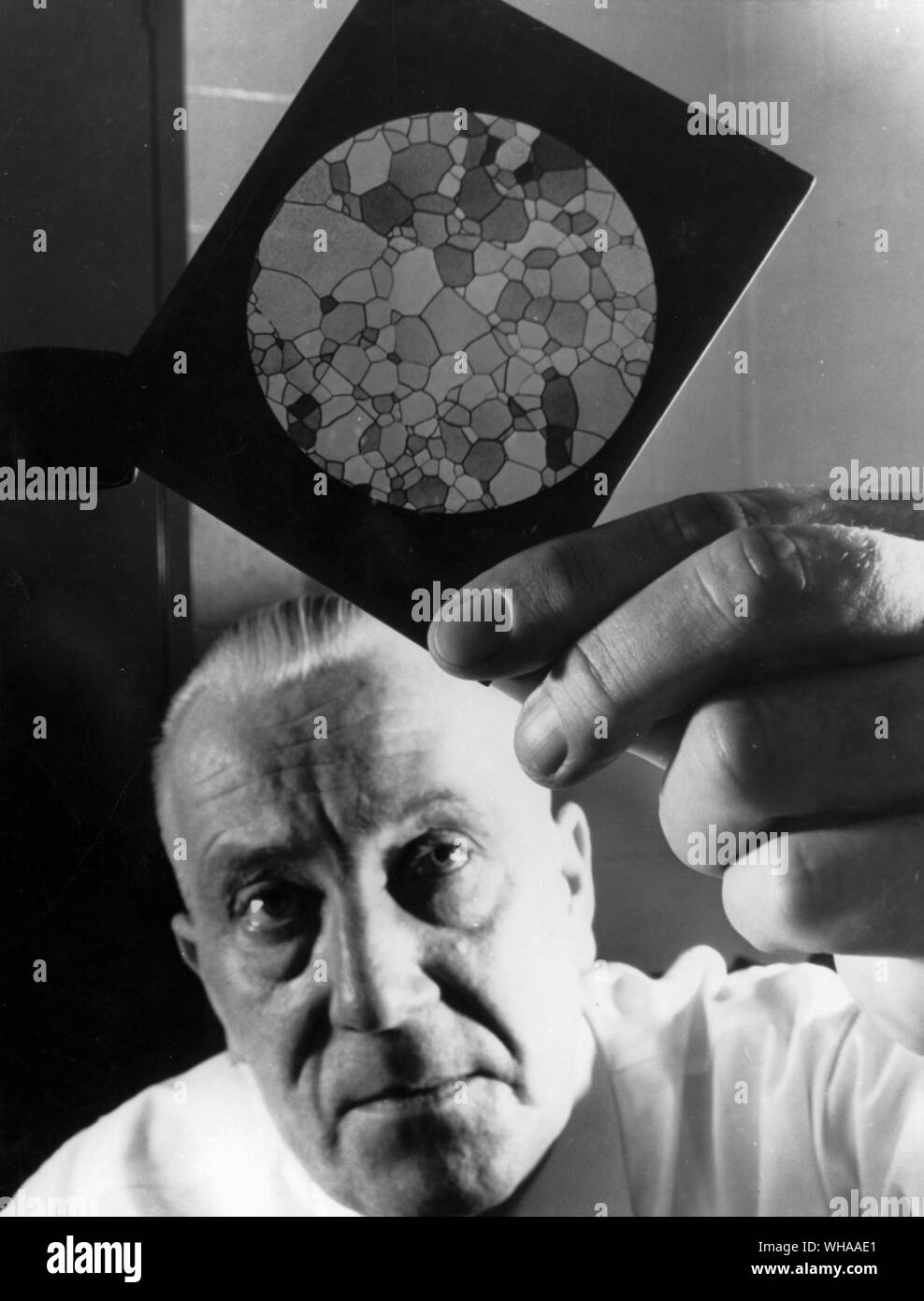 Foto von metallurgischen Proben genommen durch eine metallograph, gestatten, Eigenschaften und Merkmale der Metalle und ihrer Komponenten untersucht werden. Vor dem Verschluss der Oberfläche einer Probe geklickt wird ist elektropoliert und chemisch behandelt grundlegende Mikro strukturellen Details zu zeigen. Aus solchen Studien kommen Materialien für Raumschiffe von Morgen. Stockfoto