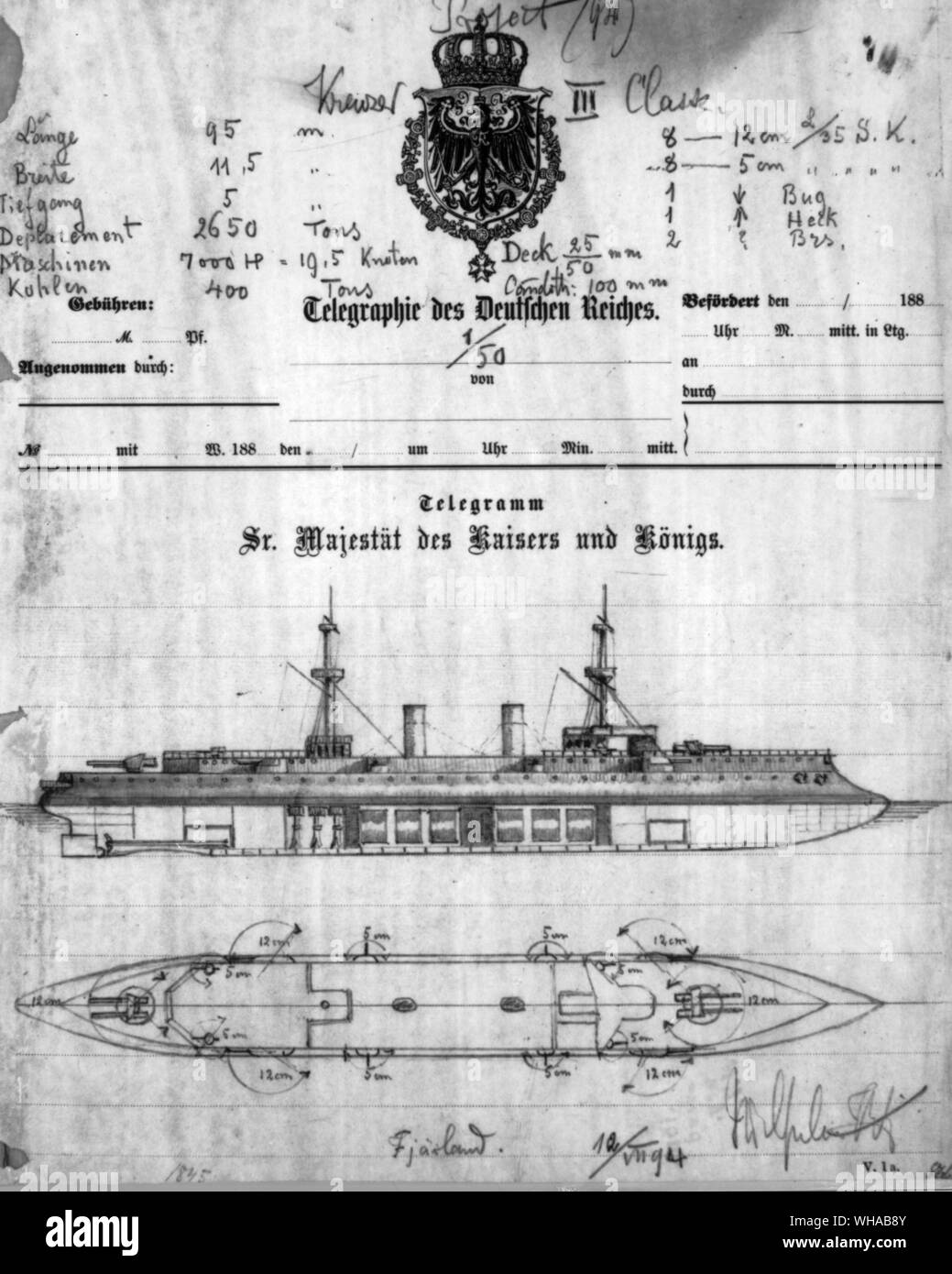 Skizze auf dem Telegraph Form für Kreuzfahrt III Klasse. von Kaiser Wilhelm 1894 gezeichnet Stockfoto