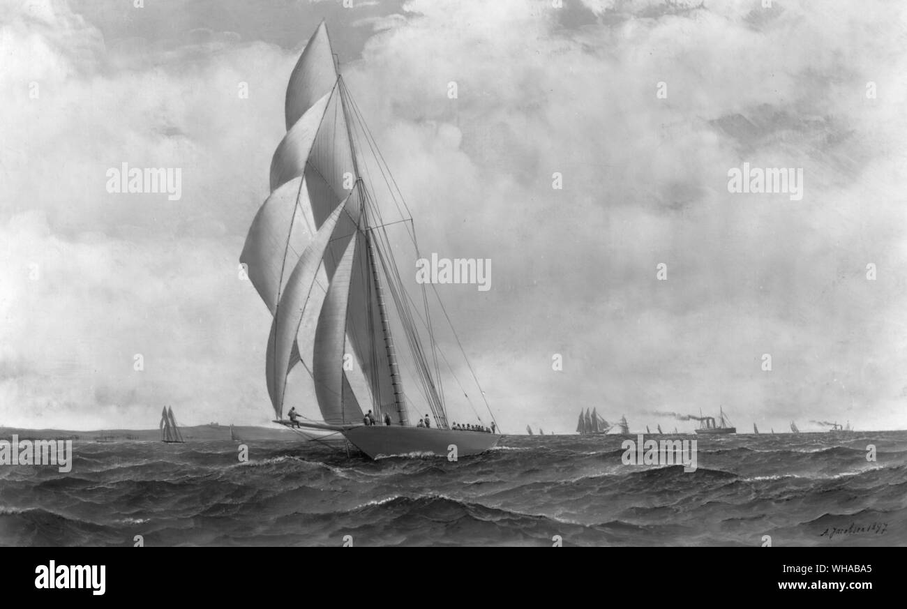 Defender. Der America's Cup 1895 verteidigt. Öl Antonio Jacobsen 1897 Stockfoto