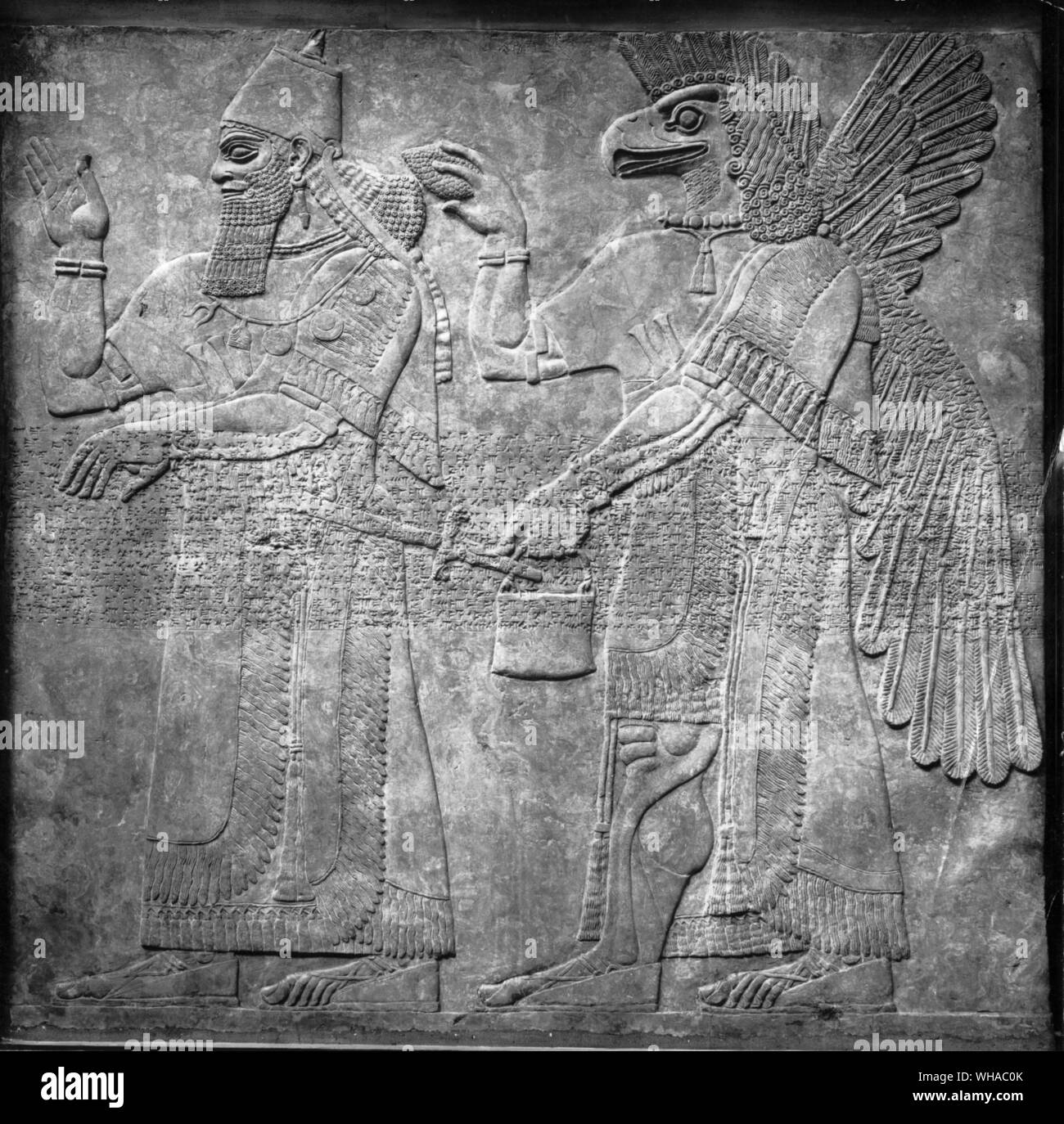 Assurbanipal mit Winged eagle vorangegangen Gott vor der heilige Baum, Entlastung von Nimrud. Assurbanipal war König von Assyrien von 668-626 v. Chr.. Ein Krieger, Gelehrte und großer Förderer der Künste, versammelte er eine systematisch organisierte Bibliothek in seinem Palast in Ninive. Über 20.000 Tabletten aus dieser Bibliothek sind jetzt im British Museum in London, einschließlich das Gilgamesch-epos. Andere Tabletten enthalten Informationen über Events, Menschen, Pflanzen, Tiere und natürliche Phänomene. Reliefs im Museum zeigen Assurbanipal Jagd Lions aus einen Wagen und speisen in einem Garten mit seiner Königin Ashur-sharrat. Die Stockfoto