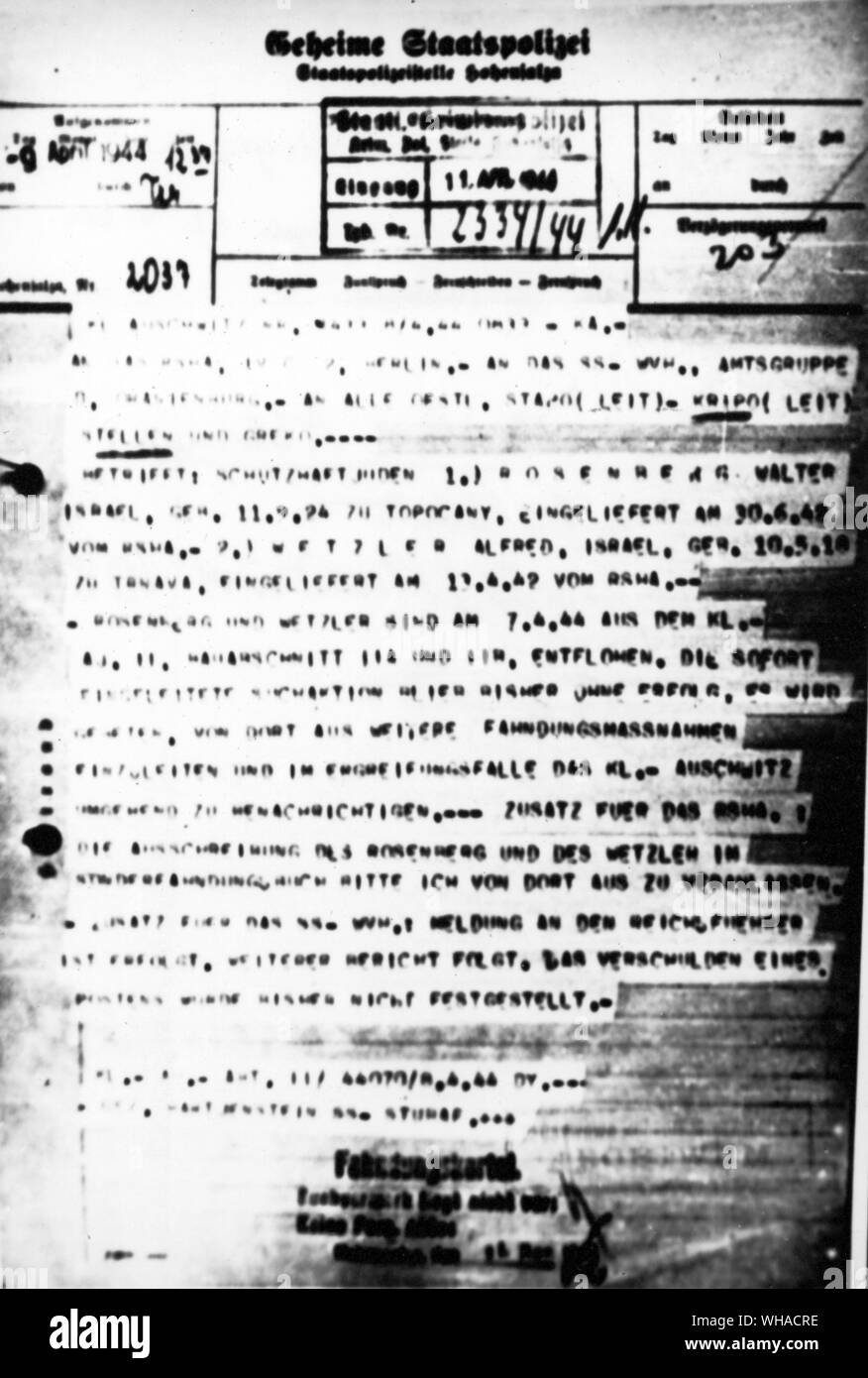 Die Gestapo Telegramm bei der Bekanntgabe der Flucht von Vrba und Wetsler aus Auschwitz Stockfoto
