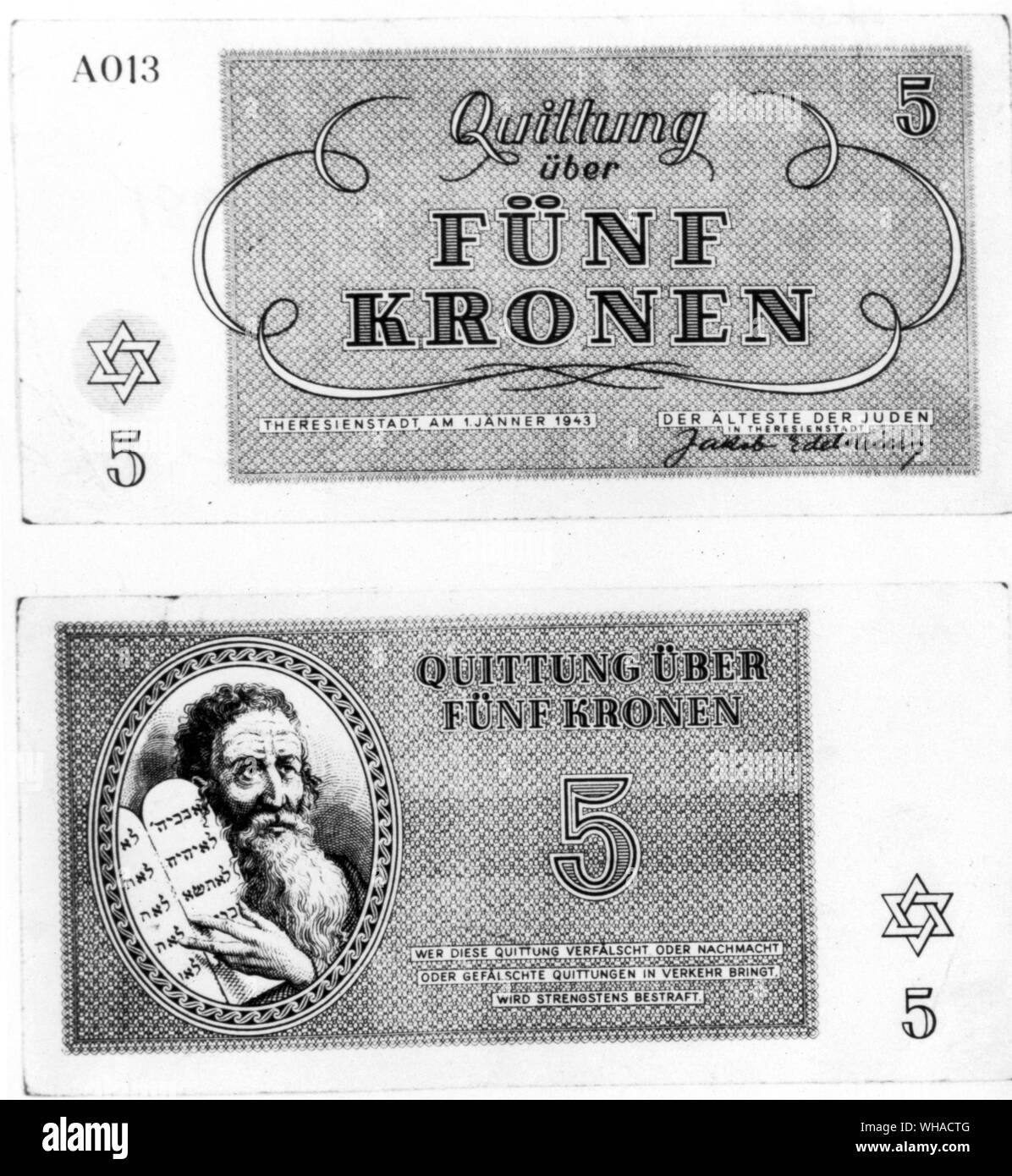 Geld im Ghetto Theresienstadt. Dieser Hinweis wurde auf Jaunuary 1 1943 unterzeichnet von Jakob Edelstein das Ghetto Elder gedruckt Stockfoto