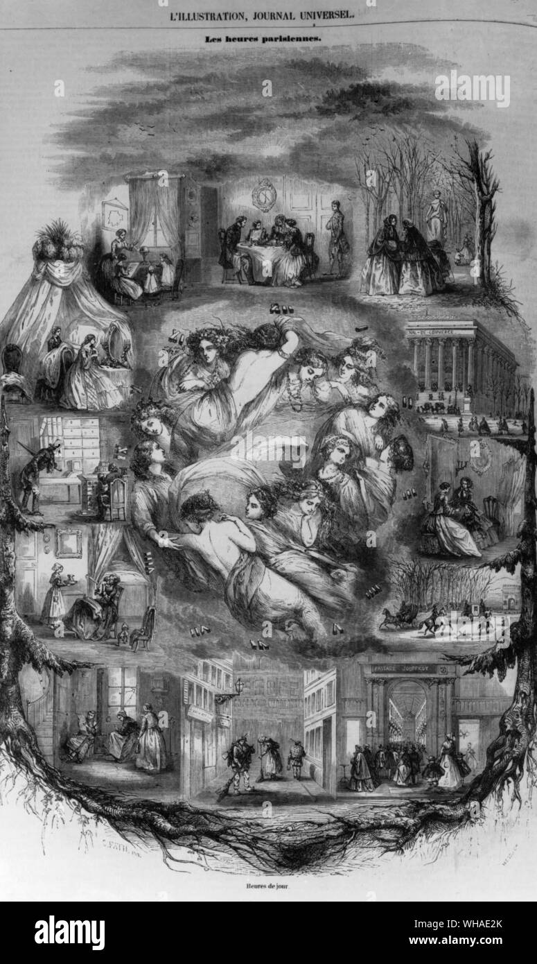 Von L'Illustration. 3. März 1855. Les Heures Parisiennes. die Stunden des Tages Stockfoto