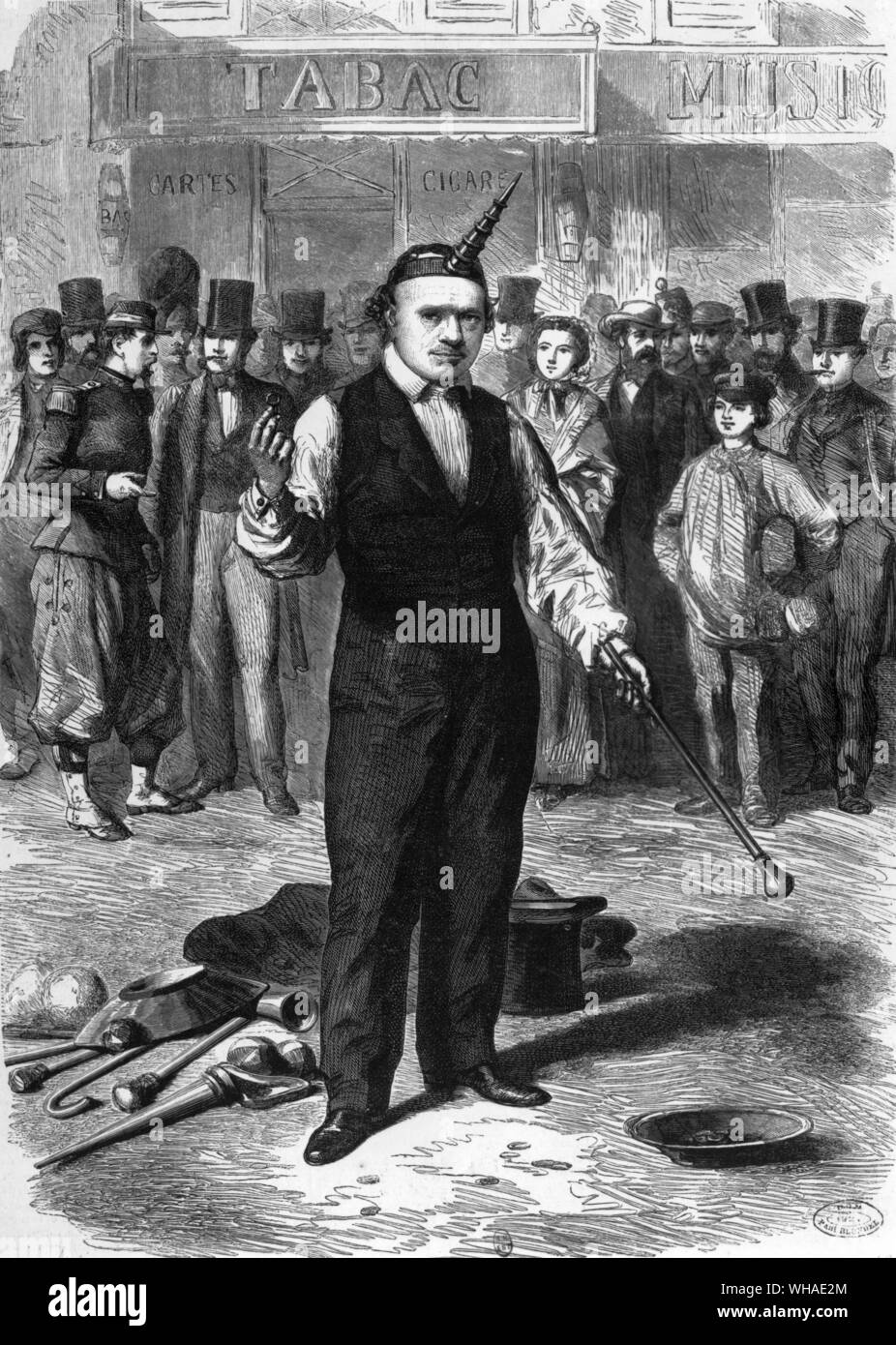 Pradier der Jongleur? Street Entertainer? In der Place de la Madeleine 1862. Nach einer Zeichnung von Charles Yriarte Stockfoto