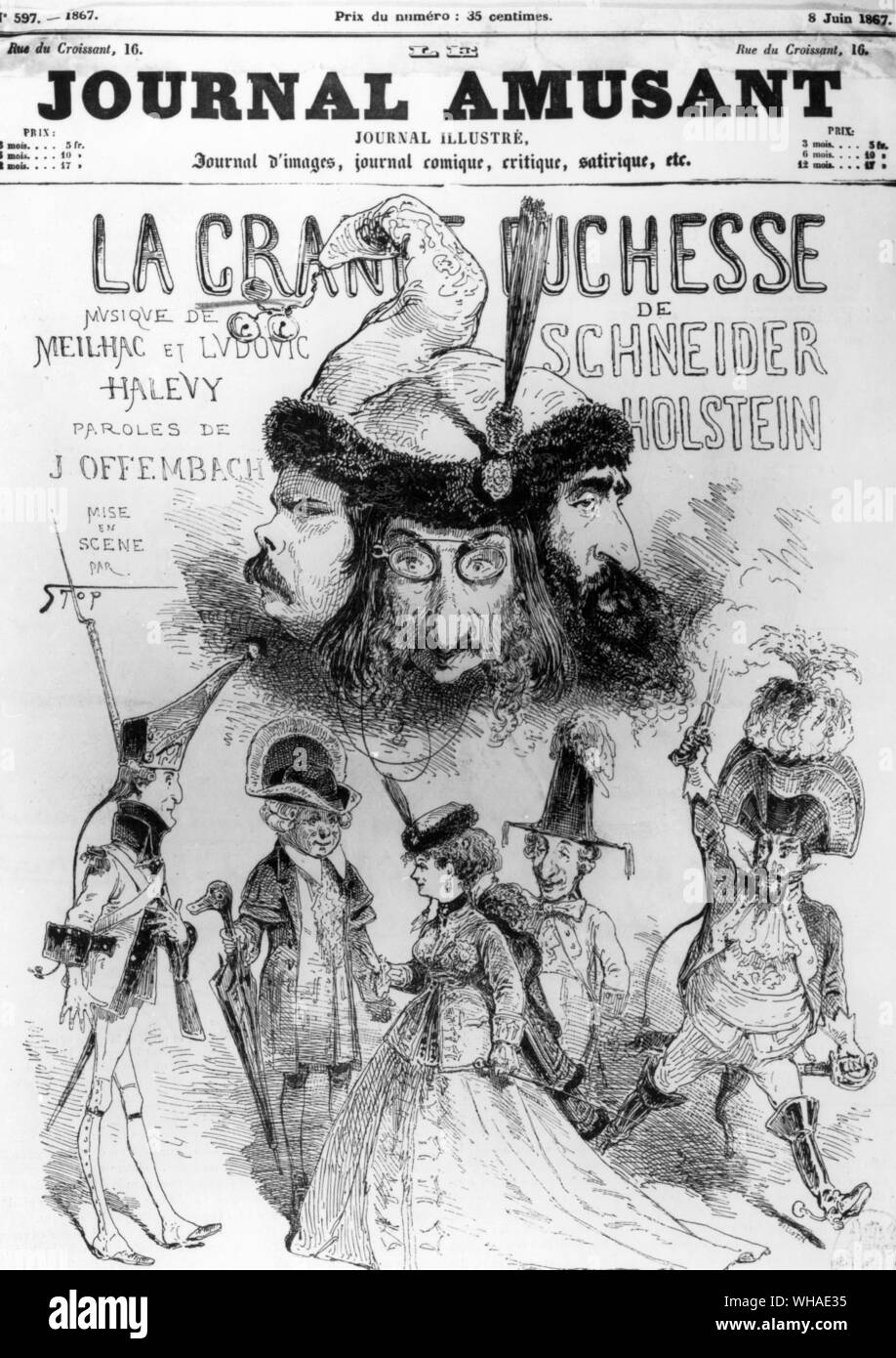 Ein Kommentar von Le Journal Amusant 8. Juni 1867 Auf Offenbachs La Grande duchesse de Gerolstein, in der Hortense Schneider war der Leitung Stockfoto