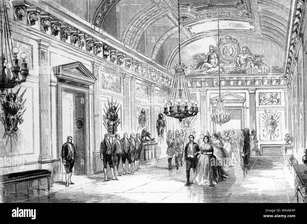 Von l'Illustration 26. November 1859. Der Kaiser Napoleon III. und der Kaiserin Eugenie Überquerung der Salle des Gardes im Chateau von Compiegne Stockfoto