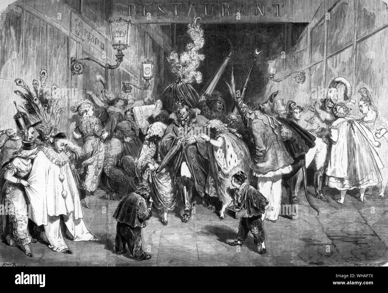 Von Le Monde Illustre 25. Februar 1860. In der Passage de L'Opera, um 4 Uhr morgens nach einem fancy dress Party. von Gustave Dore Stockfoto