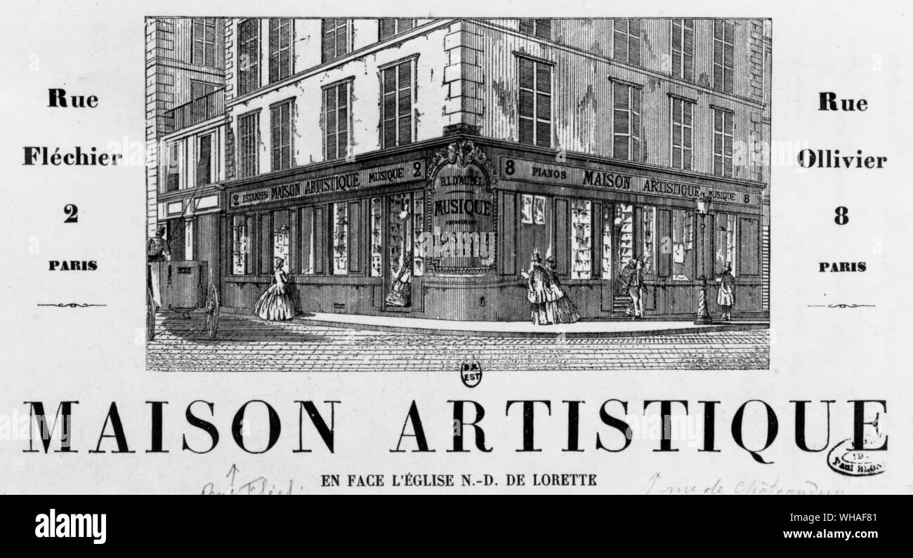 Werbung für das Maison Artistique für die Förderung von Büchern und Musik in Paris. Stockfoto