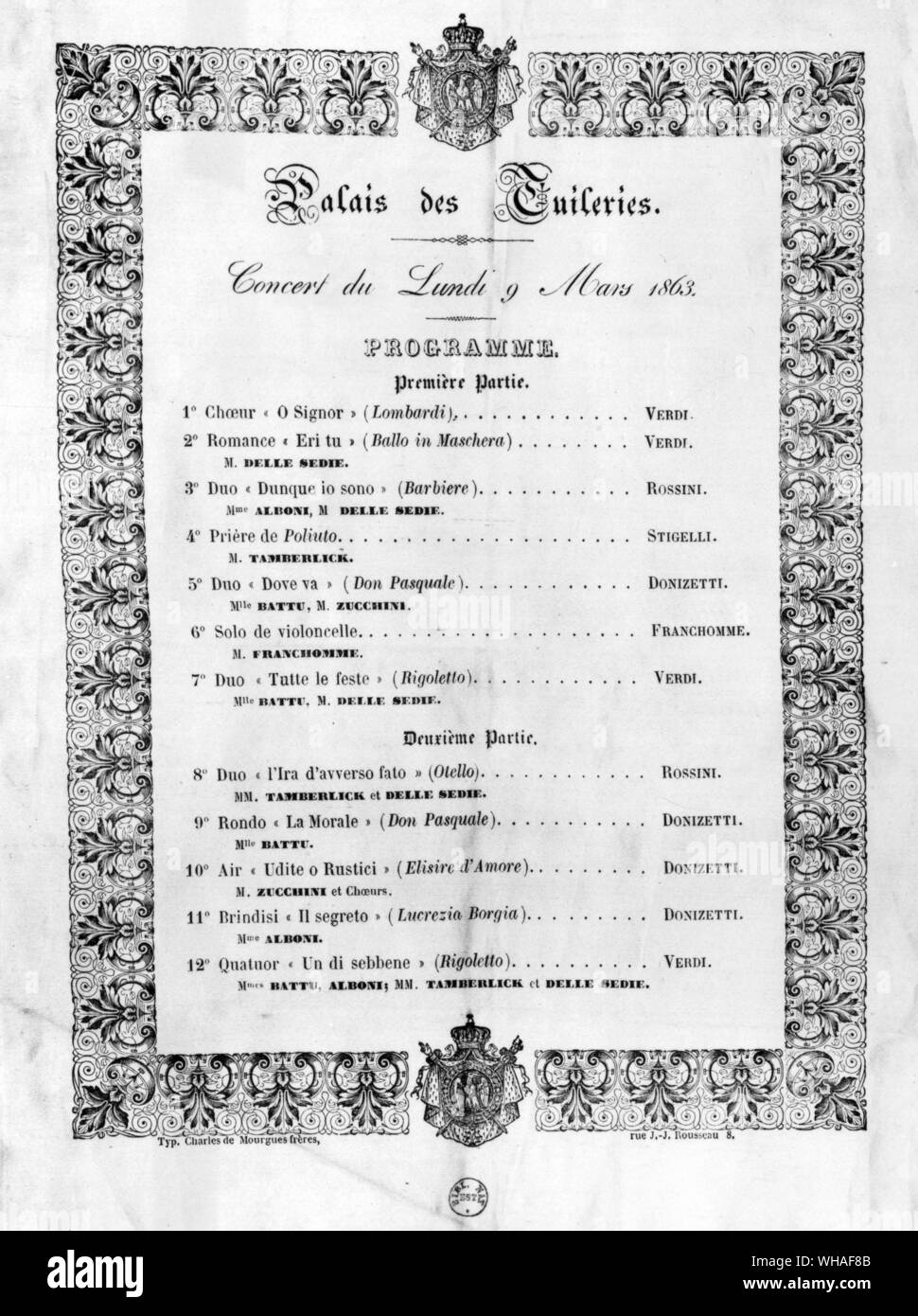 Programm für ein Konzert in der Jardin des Tuileries Palace. 9. März 1863 Stockfoto