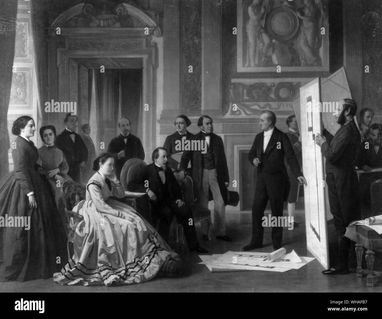 Ein tissier. Der Plan für die neue Louvre zu Napoleon III. und der Kaiserin Eugenie 1865 gezeigt wird, Stockfoto