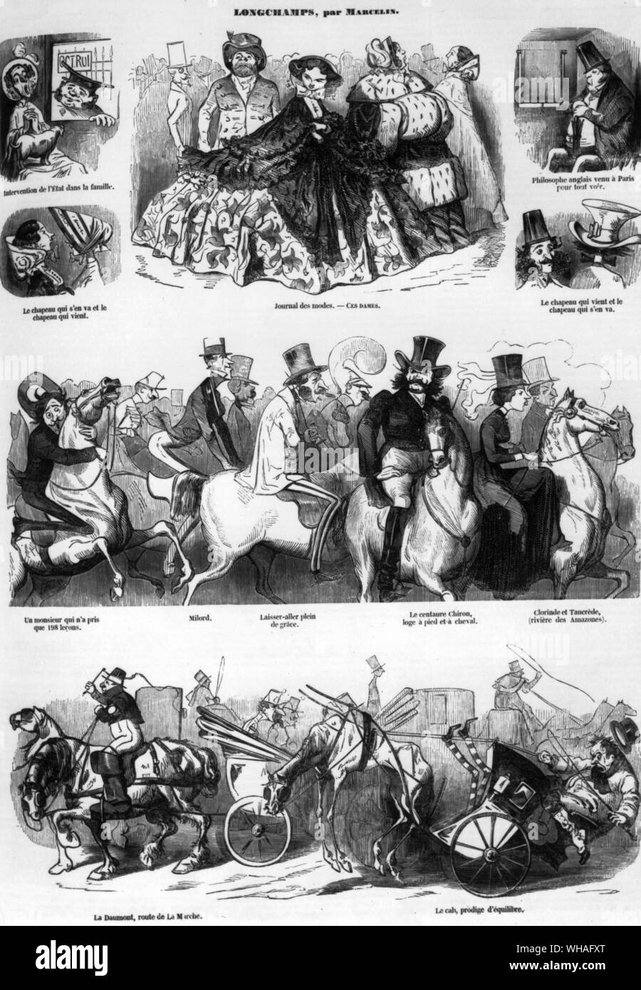 Longchamp. Karikaturen von marcelin von L'Illustration April 1852 Stockfoto