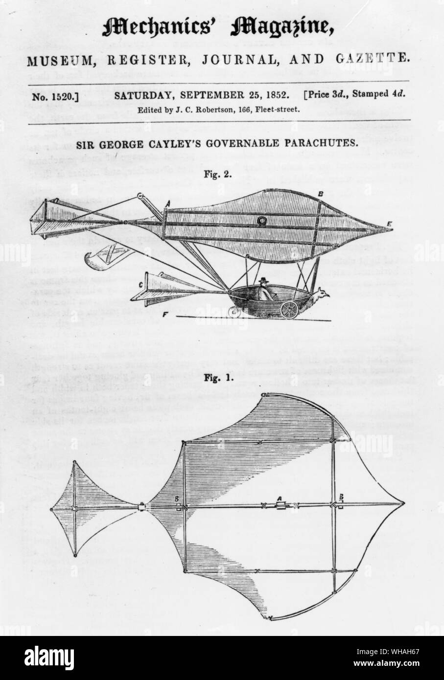 Sir George Cayley regierbaren Fallschirme. 25. September 1852. . Mechanik Magazin. Sir George Cayley regierbaren Fallschirme Stockfoto