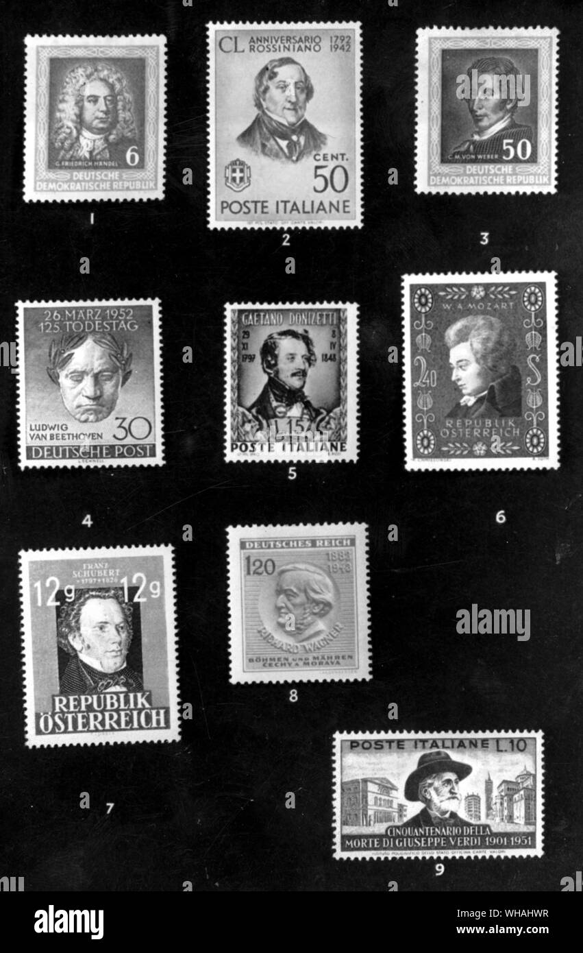 Briefmarken der folgenden Komponisten: Händel. Rossini. Weber. Beethoven. Donizetti. Mozart. Schubert. Wagner. Verdi Stockfoto