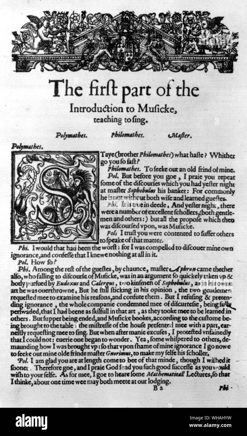 Seite 1 von Thomas Morley's berühmten Musik text Buch veröffentlicht 1597 im gesamten 17. Jahrhundert und veröffentlichte im Jahr 1771 Stockfoto