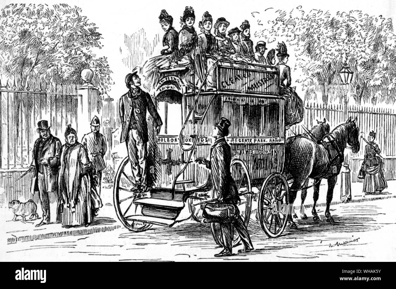 Die nächste zu mindestens glamouröse Form des öffentlichen Verkehrs war das Pferd Bus. von George Du Maurier Stockfoto