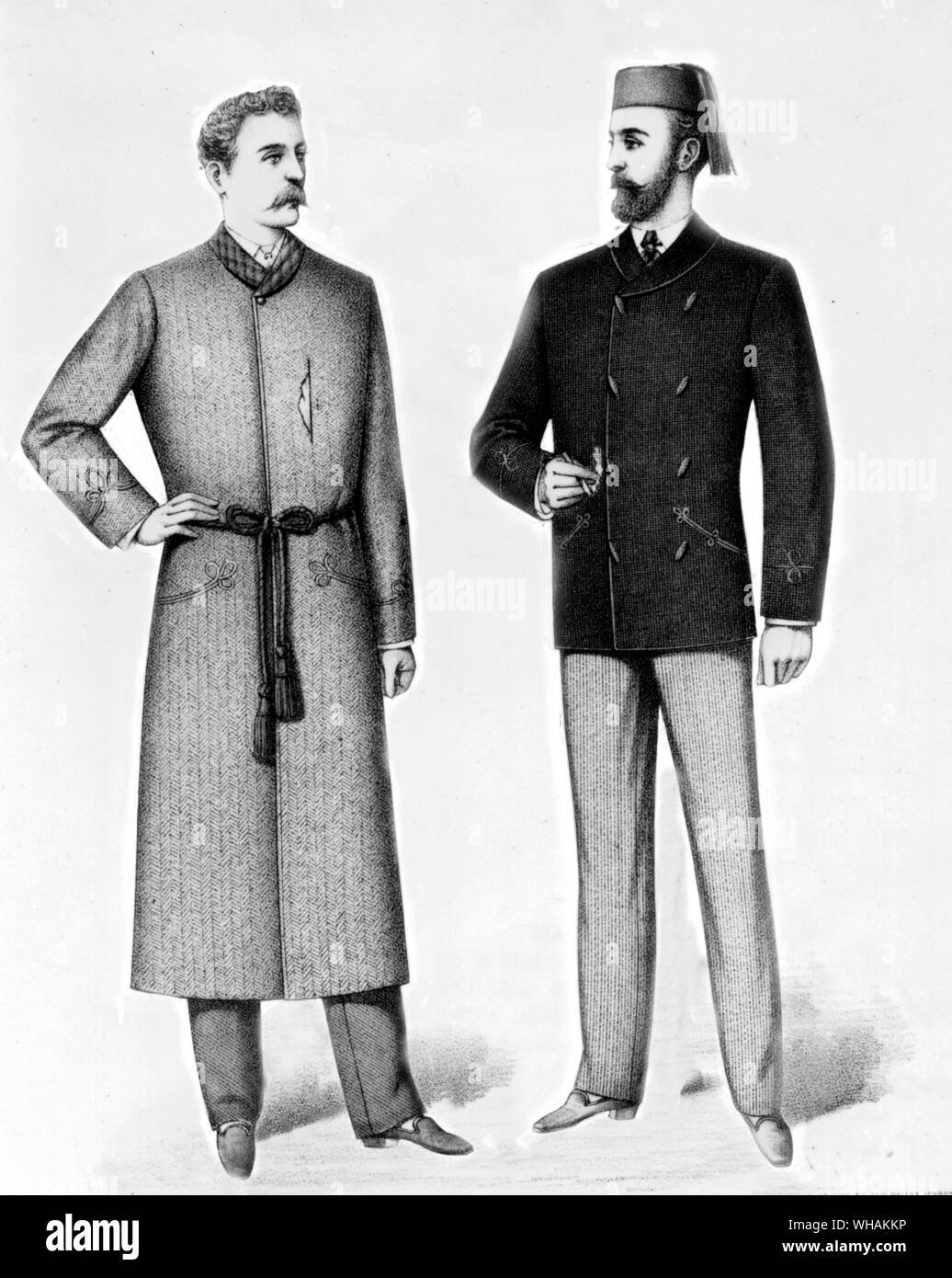 Das Gentlemans Magazin der Mode. Januar 1886. Links: Morgenmantel. Rechts: Smoking Jackett Stockfoto