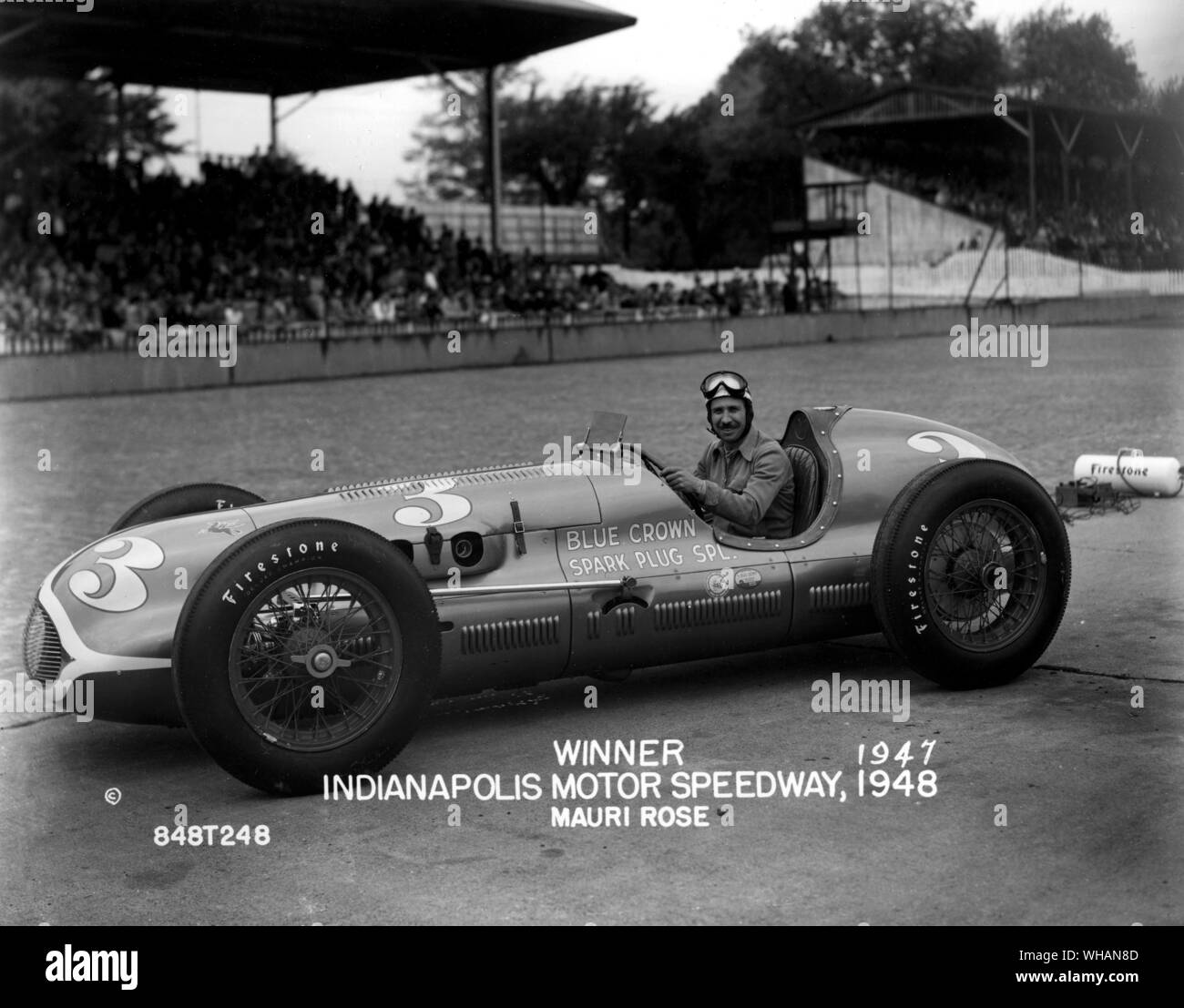 Indianapolis Motor Speedway 1947/8. Sieger Mauri Rose. Blaue Krone Sparkplug Besondere Stockfoto