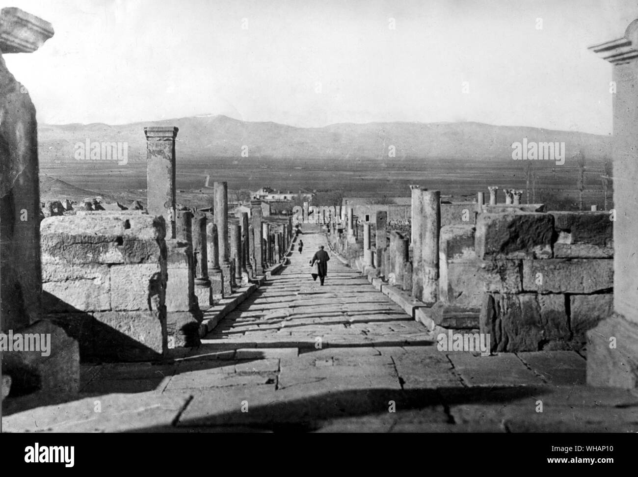 Eine Straße in Thanugadi, Nordafrika (moderne Timgad) zeigen die Kolonnaden, die Schattiert die Bürgersteige von der südlichen Sonne mit Geschäfte hinter sich. Algerien. Stockfoto