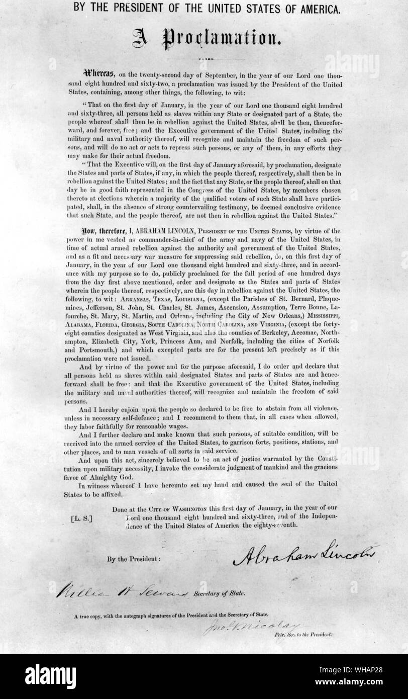 Verkündigung von Abraham Lincoln am 22. September 1862, dass alle Sklaven frei sind Stockfoto