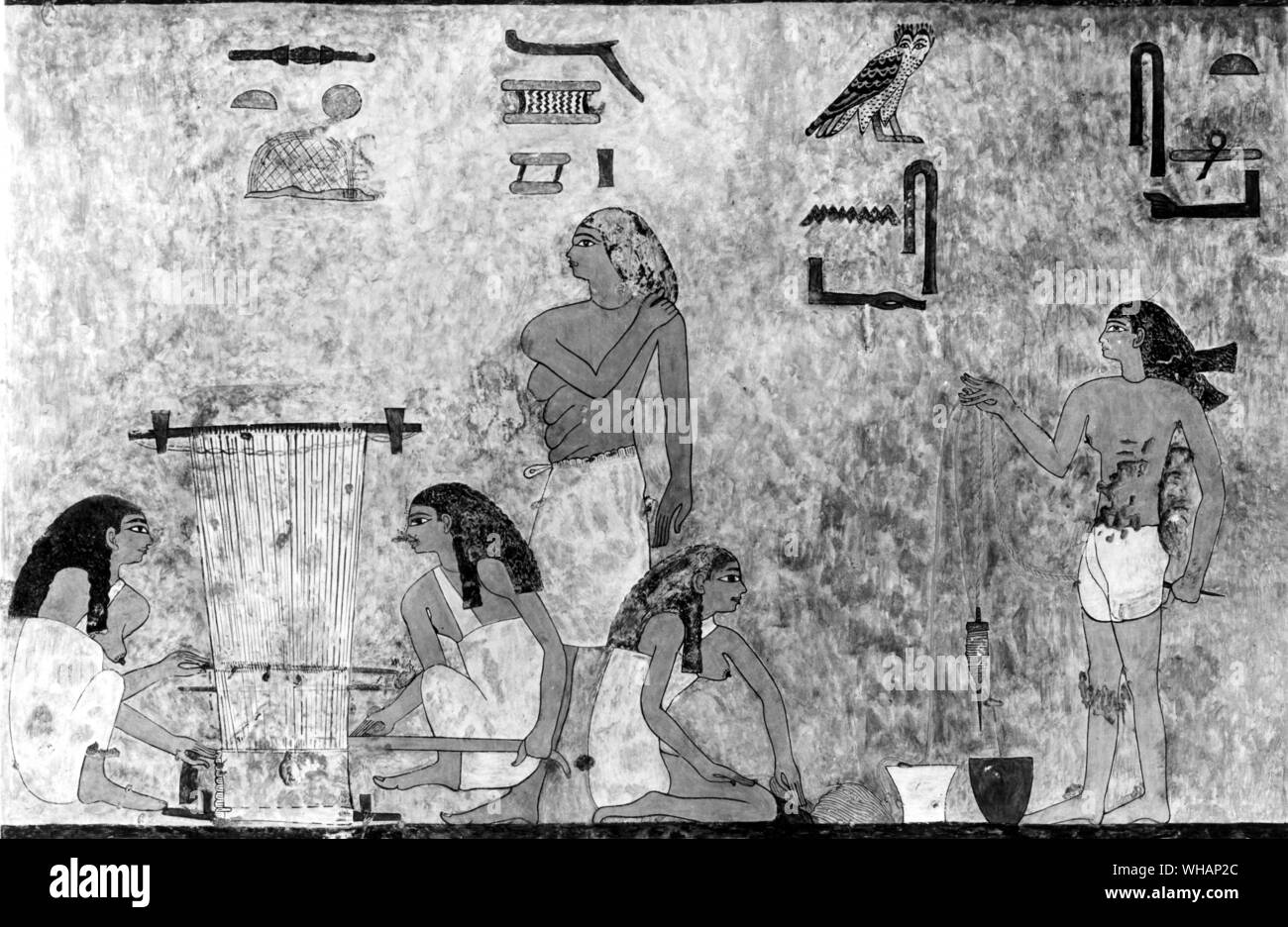Ägyptischer Wandgemälde zeigen Frauen Weben und Spinnen. Dynastie XII. Herrschaft von Se'n Wosret II. Stockfoto