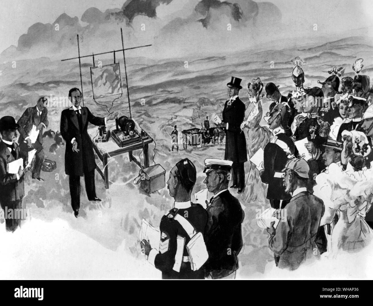 Einen Eindruck von dem Künstler Steven Spurrier von Marconi's Demonstration auf dem Salisbury Plain im Jahre 1896 an die Beamten der Post und der Dienstleistungen Stockfoto