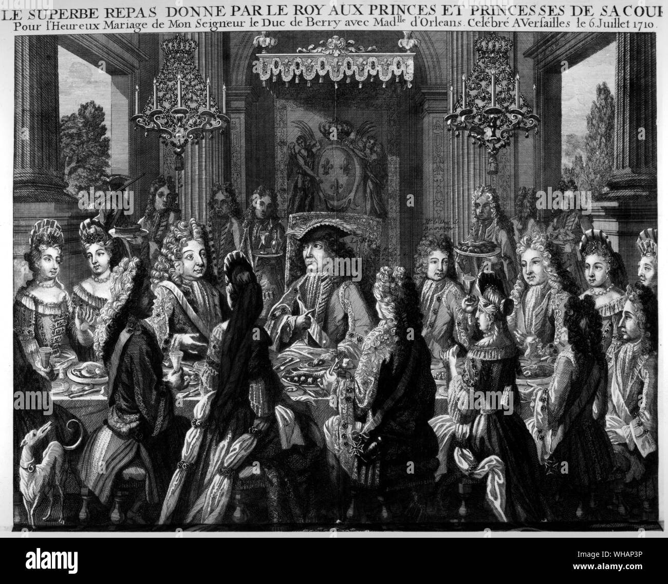 Die herrliche Mahlzeit vom König an die Prinzen und Prinzessinnen von seinem Hof gegeben. Für die Hochzeit von Le Duc de Berry mit Mademoiselle d'Orleans gefeiert in Versaille. 6. Juli 1710 Stockfoto