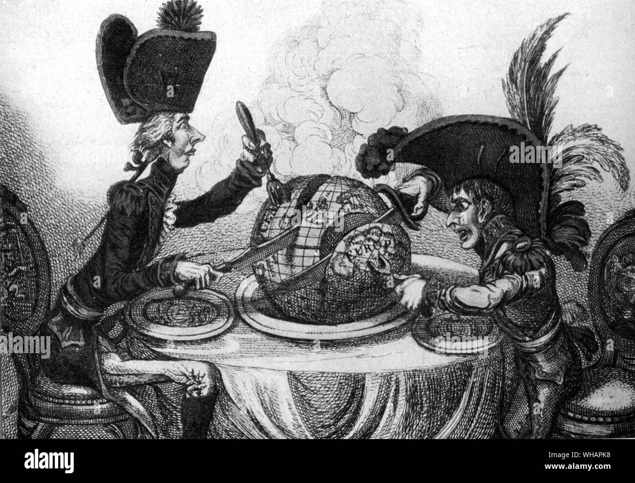Die Plumb-delors-Pudding in Gefahr; - oder - Staat Genießer unter un petit Souper.. Von Hannah Humphrey Veröffentlichung: Februar 26, 1805. Radierung mit Gravur. Eine der berühmtesten Gillray prints, zeigt dies, Pitt, lang und Schlaksig wie in allen seinen Karikaturen, mit Blick auf eine Verkleinerungsform Napoleon über einen Esstisch. Pitt, bewaffnet mit einem Dreizack und einem Tranchiermesser, hilft sich selbst zu einem großen Teil des Ozeans, wie seine Beherrschung der Meere gehört, während Napoleon eine Scheibe mit ganz Europa außer Großbritannien, Schweden und Russland schnitzt. In der zweiten Zeile der Titel ist ein Zitat aus Shakespeares Der Sturm, Stockfoto