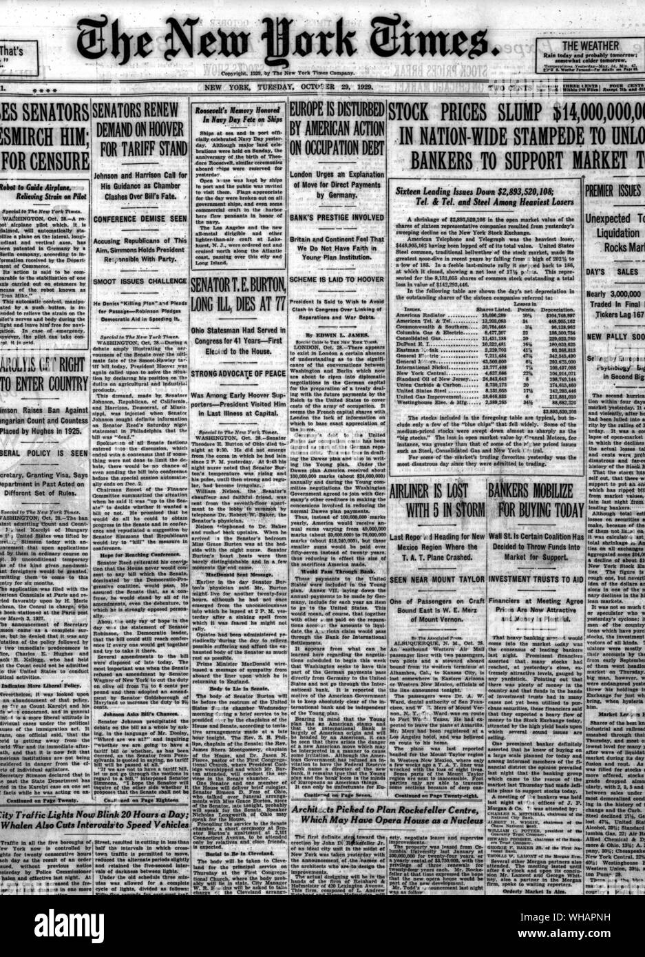 Die New York Times. 29. Oktober 1929 Stockfoto