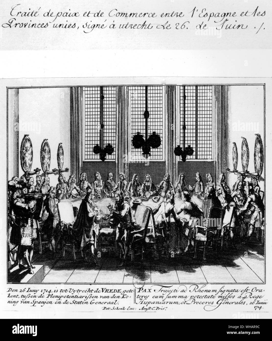 Holland 18. Friedensvertrag zwischen Spanien und den Vereinigten Provinzen. wurde am 26. Juni 1714 unterzeichnet, aber der Abschluss des zwischen Spanien und Portugal wurde bis in den Februar verschoben. Die ehemalige wurde vor allem mit Handelssachen betrifft, Spanien, die Vereinigten Provinzen die Behandlung der meistbegünstigten Nation, mit Ausnahme der spanischen Amerika. Letztere befasste sich mit der Grenze zwischen den beiden Ländern und mit der Kolonie des Hl. Sakrament in Uruguay, die nach Spanien übertragen wurde.. Utrecht. Stockfoto