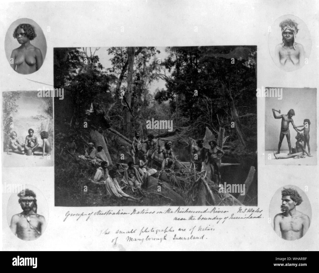 Gruppe der australischen Ureinwohner auf der Richmond River nahe der Grenze von Queensland, New South Wales. Die kleinen Fotos sind von Maryborough Queensland Stockfoto