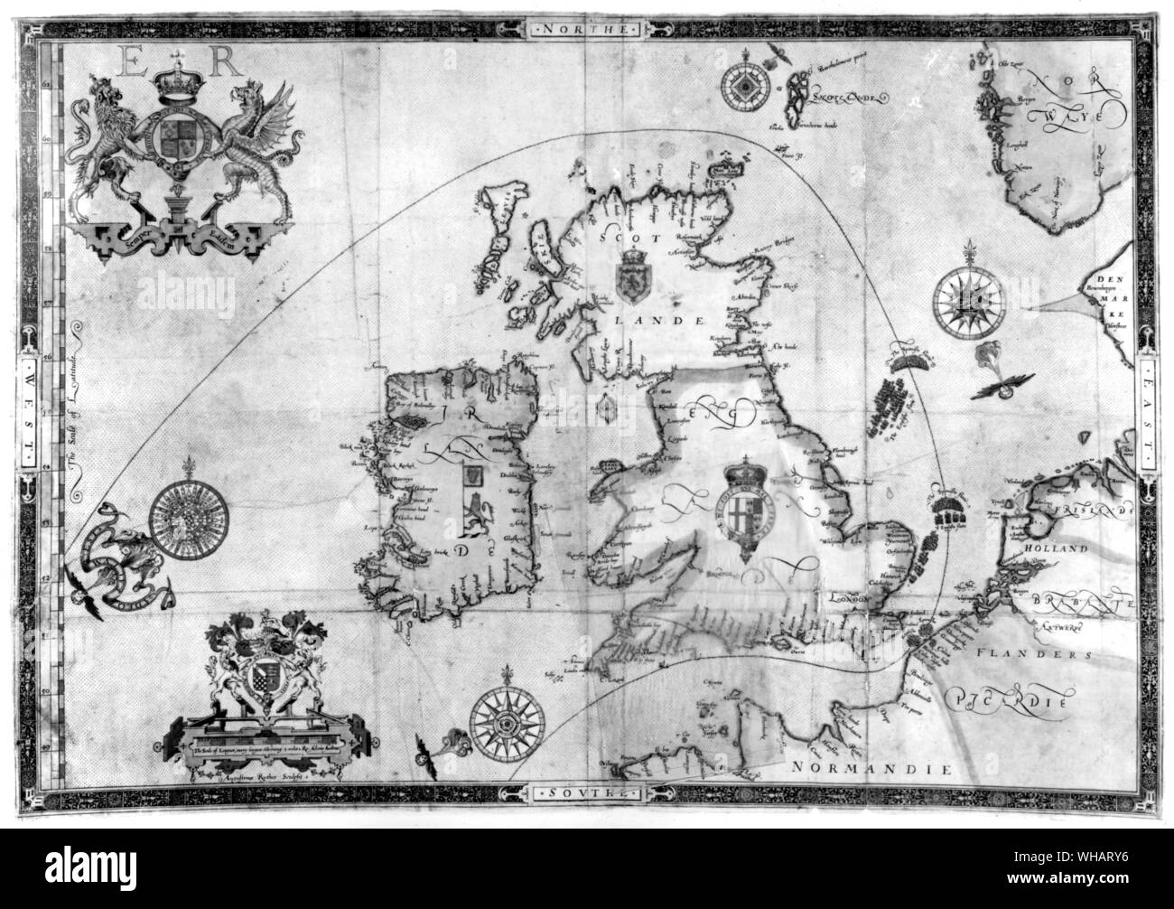 Ryther's Armada Karten. Eines der Karten der spanischen Flotte Invasion England 1588 aus Ryther's 1590 Übersetzung von ubaldini "Vera Descriptio". Stockfoto