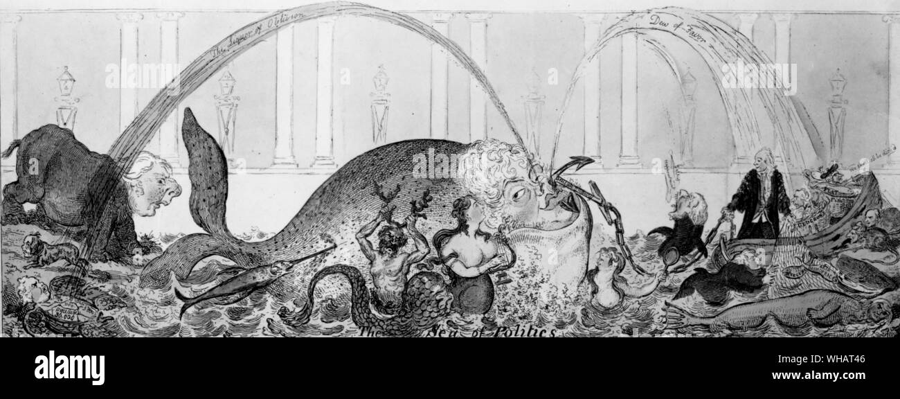 Der Prinz von Walen; oder der Fischer vor Anker 1812. Der Prinz von Wales dargestellt als ein Wal schwimmen im Meer von Politik, durch seine Favoriten, der als marine Monster eingeführt werden umgeben; Sheridan ist in der hinteren als Sea Horse gesehen. Einige Anspielung auf die perceval Verwaltung. Stockfoto
